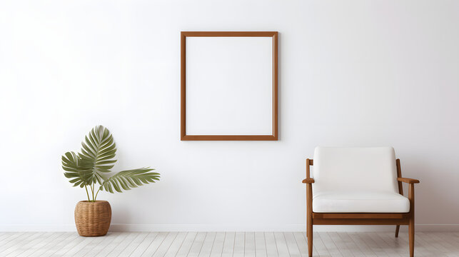 Large blank picture frame on the wall with a chair and a plant