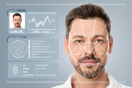 Facial recognition system. Man with digital biometric grid and personal data on grey background