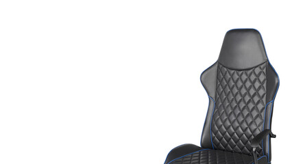 Upper section of gaming chair with blue lining isolated on white background.