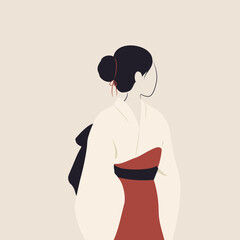 Japonka w tradycyjnej odzieży. Młoda dziewczyna w kimonie. Ilustracja wektorowa w stylu minimalistycznym. - obrazy, fototapety, plakaty
