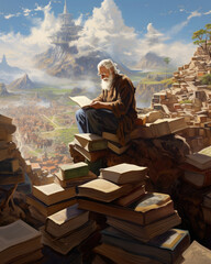 Illustration of old man reading books on a mountain. generated with AI technology