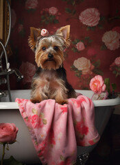 Cute yorkshire terrier in a pink bathroom. Created with AI technology - 627115995