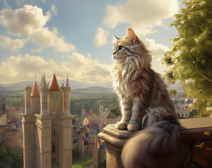 Fantasy cat sitting in a terrace looking  the castle. Created with generative AI technology.