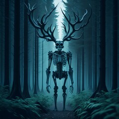 Skeleton monster with antler standing at front of dark forest