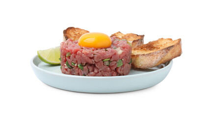 Tasty beef steak tartare served with yolk and toasted bread isolated on white