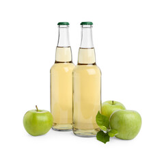 Delicious cider and green apples isolated on white