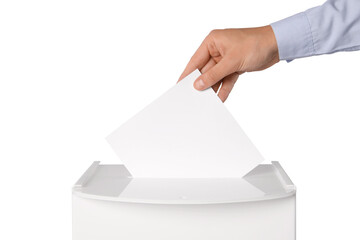 Man putting his vote into ballot box on white background, closeup