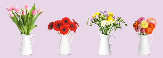 Collage of stylish vase with different bouquets on pale pink background. Banner design