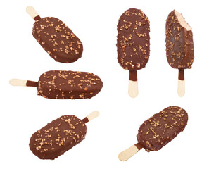 Collage with chocolate-coated ice cream isolated on white, different sides