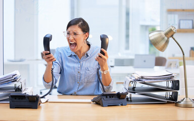Angry, scream and business woman on telephone for secretary career stress, frustrated and mental...