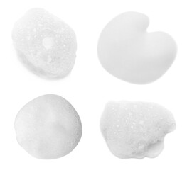 Collage with foam of cosmetic cleanser isolated on white, top view