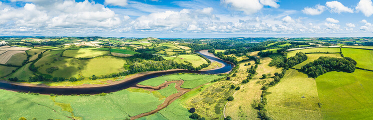 Sharpham Meadows and Marsh over River Dart from a drone, Totnes, Devon, England