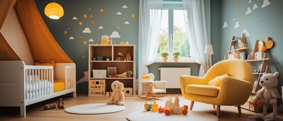 Modern style Nursery Bedroom. children's room interior. Kids Bedroom. Colorful Nursery Room Interior. Nursery Room Interior With a Copy Space. Nursery Interior. Made With Generative AI. - obrazy, fototapety, plakaty