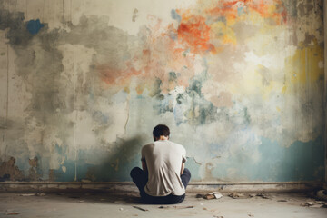 Man sitting infront of grunged old wall. Mental health, solitude, addiction concept. AI generative, illustration with copy space