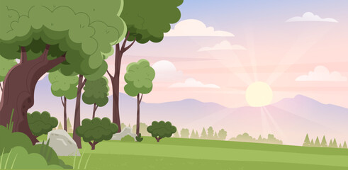 Forest edge near lawn in summer day