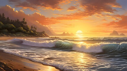 Embrace the Golden Sunrise Over a Tranquil Beach, Listening to the Gentle Waves Lapping the Shore