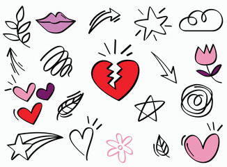 Hand drawn set elements, Abstract arrows, crown, hearts, stars,  and other elements in a hand drawn style for concept designs.Vector illustration.