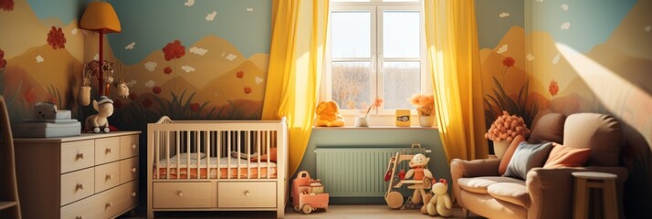 Obraz na płótnie Canvas Kids Bedroom. Colorful Nursery Room Interior. Nursery Room Interior With a Copy Space. Modern style Nursery Bedroom. children's room interior. Nursery Interior. Made With Generative AI.