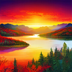 Beautiful colorful picture of the river against the backdrop of mountains at sunset. AI-generated