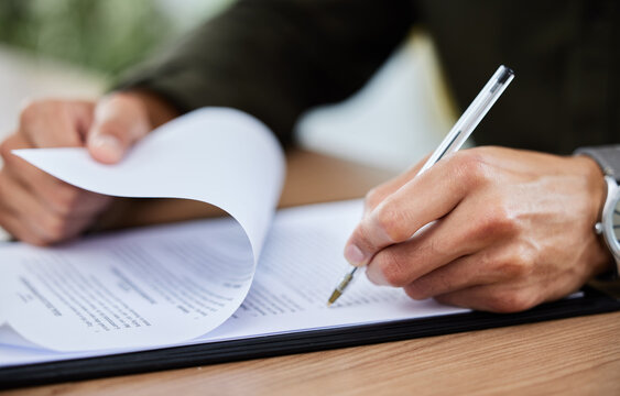 Documents, writing and hands with a contract for recruitment, onboarding or business. Planning, investment and a person with signature for legal paperwork, agreement and signing a plan at a desk