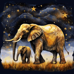 "Mother Elephant and Baby Elephant in Starry Night''