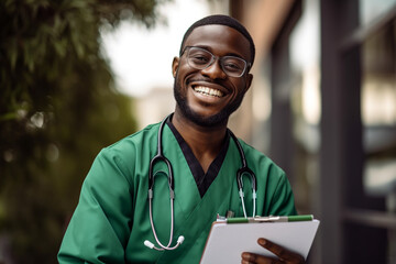 Smiling black healthcare worker holding a folder and smiling, in the style of green academia, masculine