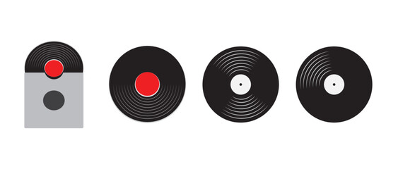  Gramophone vinyl LP record icon set, icon illustration, Vinyl Record with Cover . Gramophone record with label. Black vinyl record disc in paper case on white background, LP music