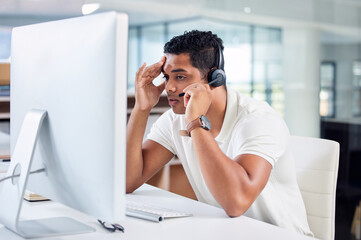 Stress, mistake and call center agent working on a crm online consultation in the office. Contact...
