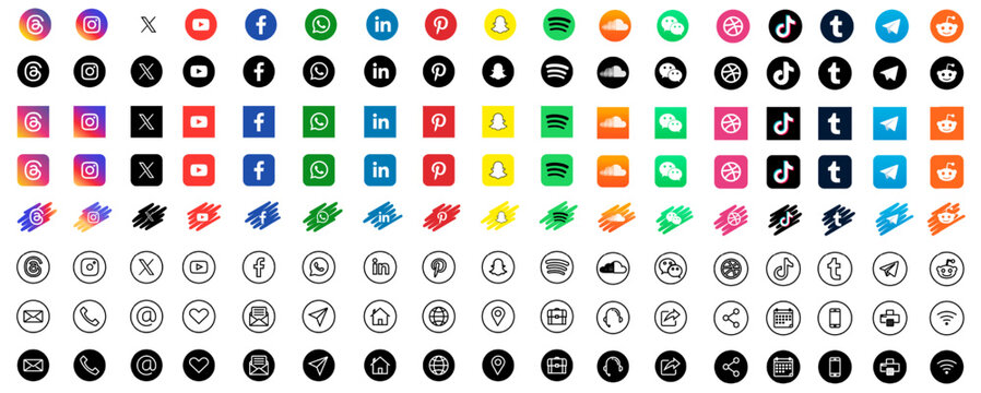 Set of popular social media logom Icon. Threads, Facebook, Instagram, New Twitter Logo Icon, Youtube, Telegram with Contact icon. Icon includes all social media icon, Email, Phone, Print, Website, and
