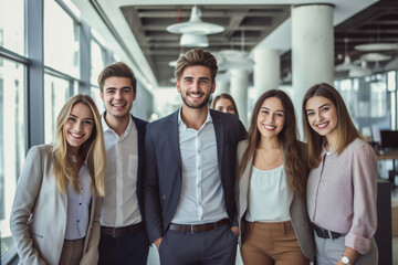 Fototapeta premium a show of unity, a row of Caucasian businesspeople poses for a group photo, showcasing their collective vision for the successful business corporation. generative AI.