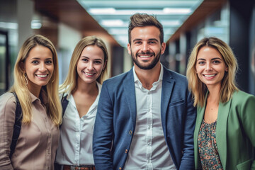 Fototapeta premium a show of unity, a row of Caucasian businesspeople poses for a group photo, showcasing their collective vision for the successful business corporation. generative AI.