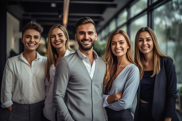 a show of unity, a row of Caucasian businesspeople poses for a group photo, showcasing their collective vision for the successful business corporation. generative AI.