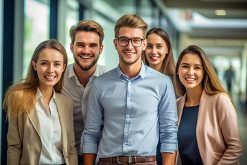 Fototapeta premium a show of unity, a row of Caucasian businesspeople poses for a group photo, showcasing their collective vision for the successful business corporation. generative AI.