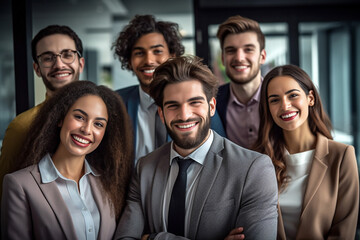 Obraz premium a show of unity, a row of Caucasian businesspeople poses for a group photo, showcasing their collective vision for the successful business corporation. generative AI.