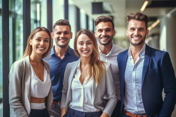 a show of unity, a row of Caucasian businesspeople poses for a group photo, showcasing their collective vision for the successful business corporation. generative AI.
