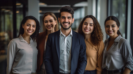 Fototapeta premium a show of unity, a row of Caucasian businesspeople poses for a group photo, showcasing their collective vision for the successful business corporation. generative AI.