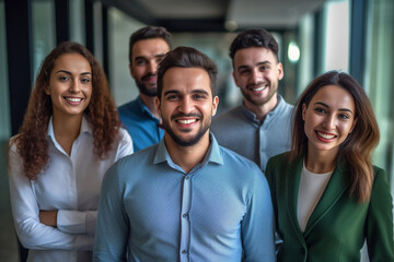 a show of unity, a row of Caucasian businesspeople poses for a group photo, showcasing their collective vision for the successful business corporation. generative AI.