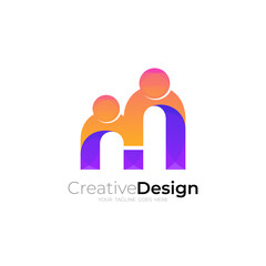 Letter M logo with family design community, 3d colorful