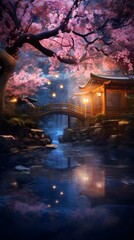 Witness the Enchanting Dance of Cherry Blossoms in a Japanese Garden under the Soft Moonlight 