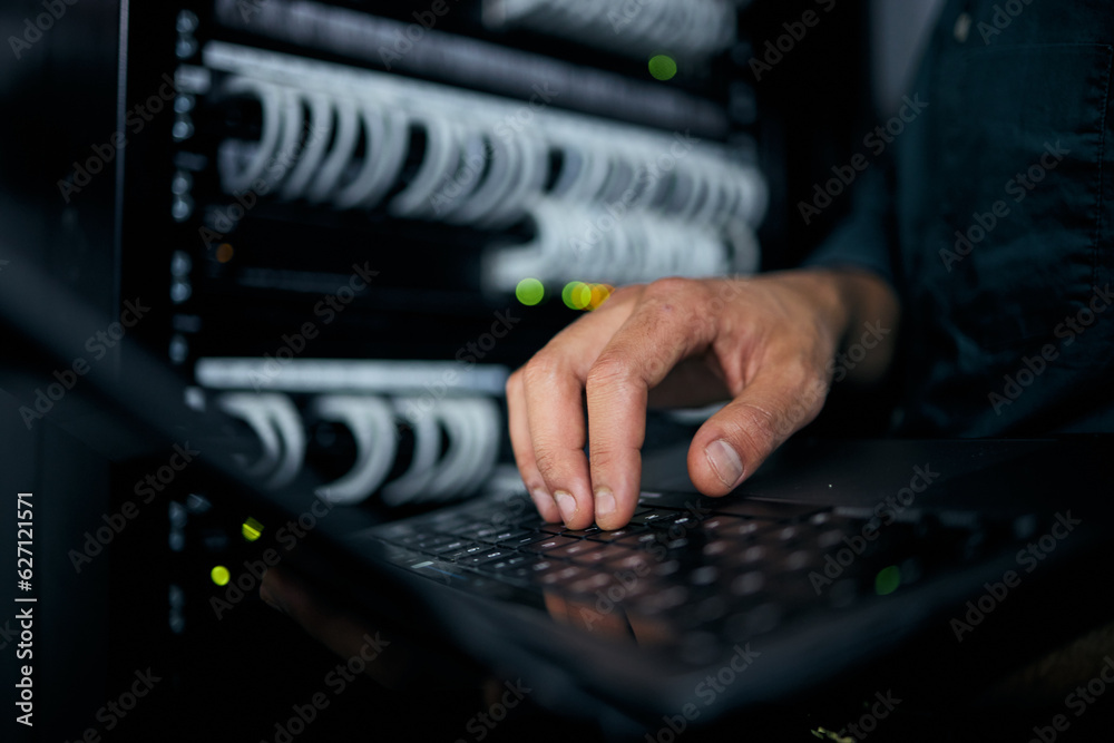 Aufkleber Hands, laptop and typing in server room, man and inspection with coding, analysis and night for programming. Information technology expert, computer and keyboard for database, solution or maintenance