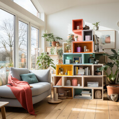 photo of a corner bookshelf made of colorful

