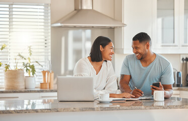 Couple, kitchen and documents for budget, finance and smile with laptop, phone and writing notes in...