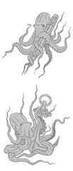 Set of octopus. illustration with tentacles, anchor, and yellow pencil