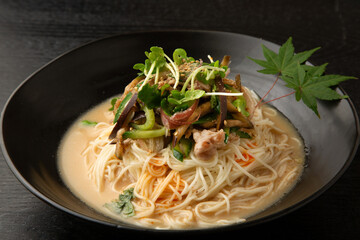 夏野菜と豚肉の胡麻味噌そうめん