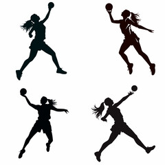 Handball player in action vector silhouette illustration isolated on white background. Woman handball player symbol. Handball girl jumping in the air. Handball (soccer) goalkeeper silhouette vector.