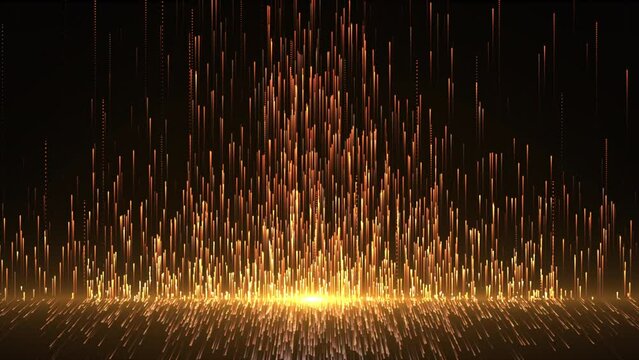 Luxury golden background animation. Gold rising particles on dark gradient background. Shining particles flowing up surrounded by bright soft golden light. Awards ceremony, event, holiday background. 