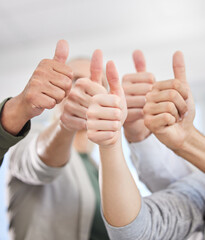 Group winning, thumbs up and people for support, thank you and teamwork hands in yes, okay or like...