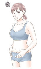 お腹に手を当てて悩む女性　水彩風