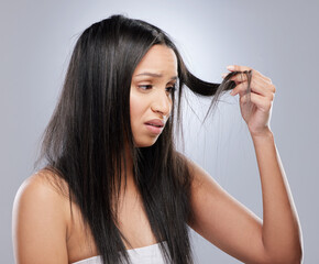 Hair, worry and woman with crisis in studio for split ends, haircare crisis and weak tips on gray...