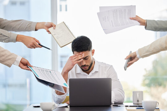 Stress, headache and multitask with business man in office for deadline, burnout and overworked. Mental health, anxiety and tired with depressed male employee for frustrated, fatigue and crisis